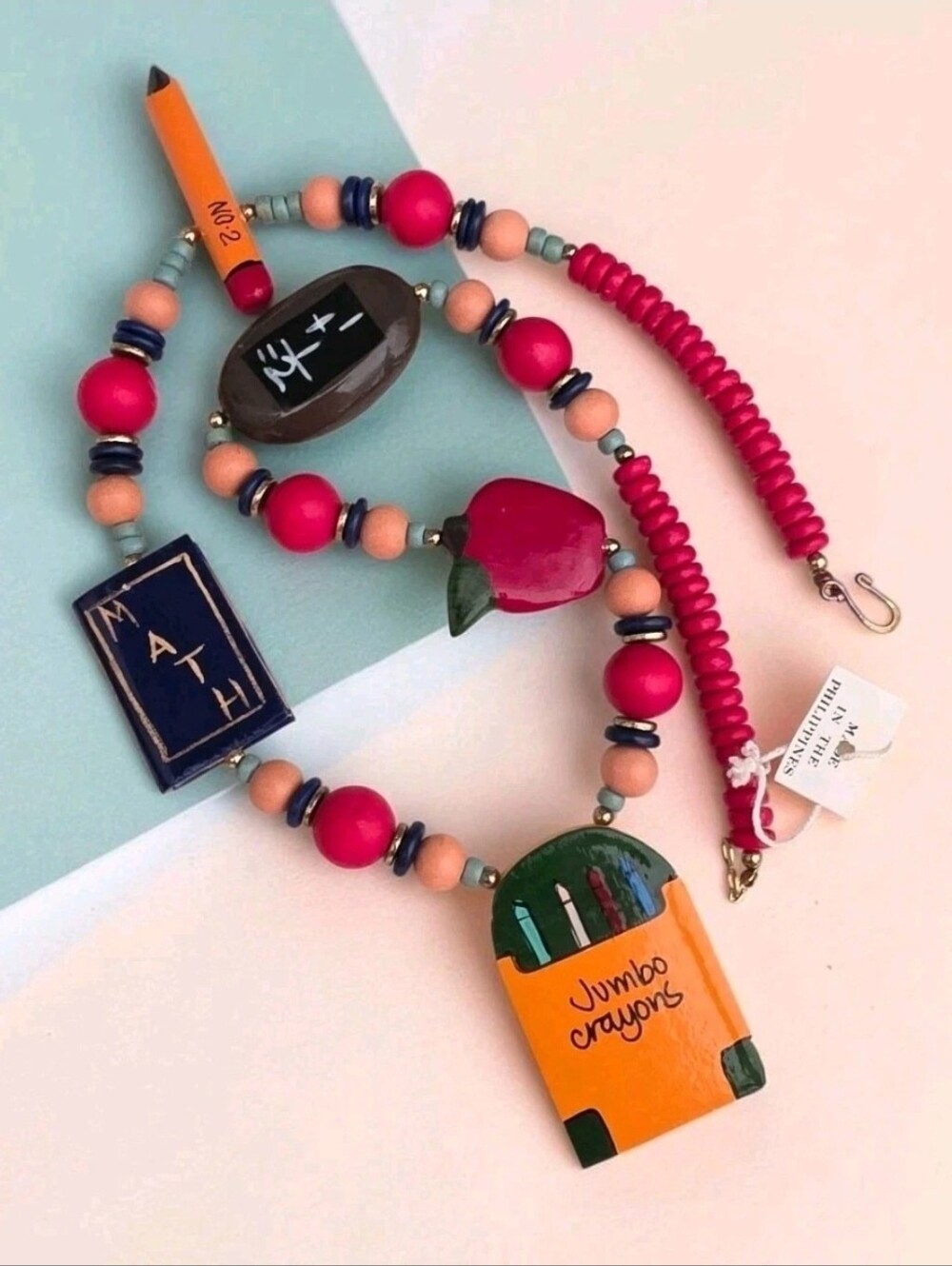 Vintage Teacher School Math Theme Wooden Bead Necklace Fun Jumbo Crayons Apple